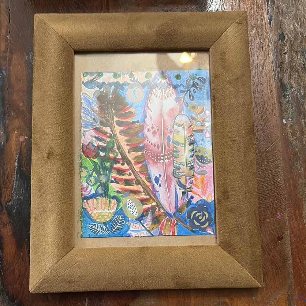 Colorful Feather Art Print in Brown Frame